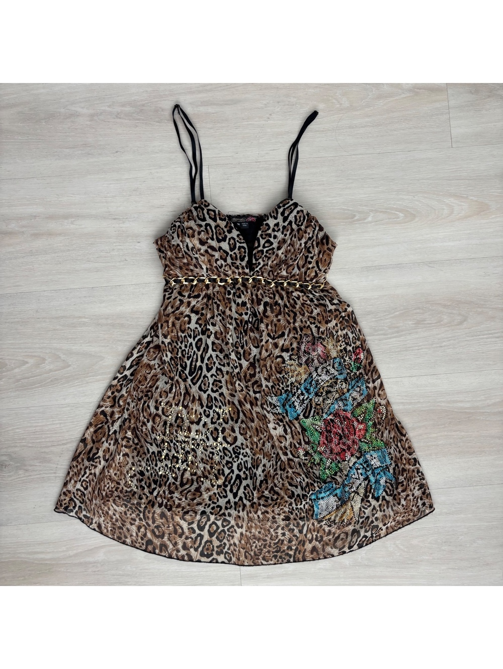Ed Hardy Christian Audigier Dress M Y2K Leopard Rhinestone Rose Babydoll Mini